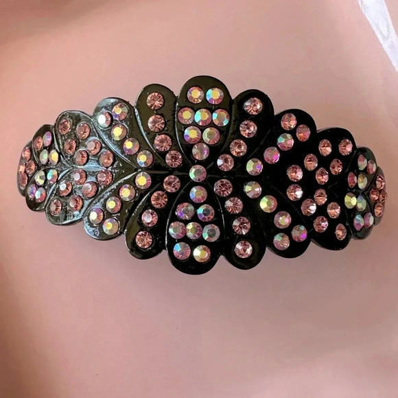 Accessories - Rose Pink and Pink Aurora Borealis Crystal set in Black Hematite Hair Barrette